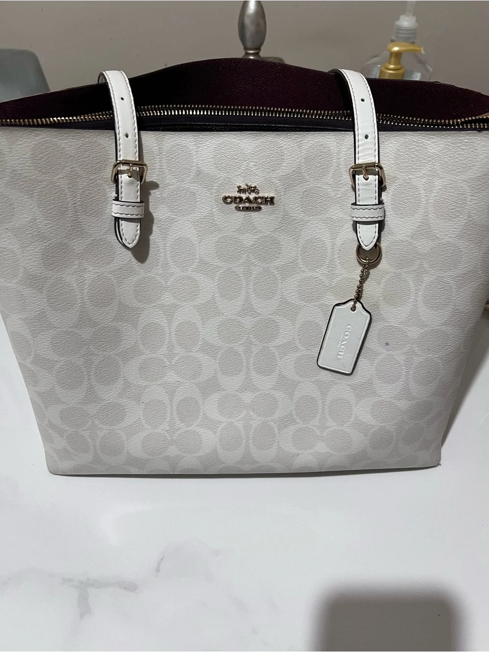 Coach White Signature Tote with Gold Accents